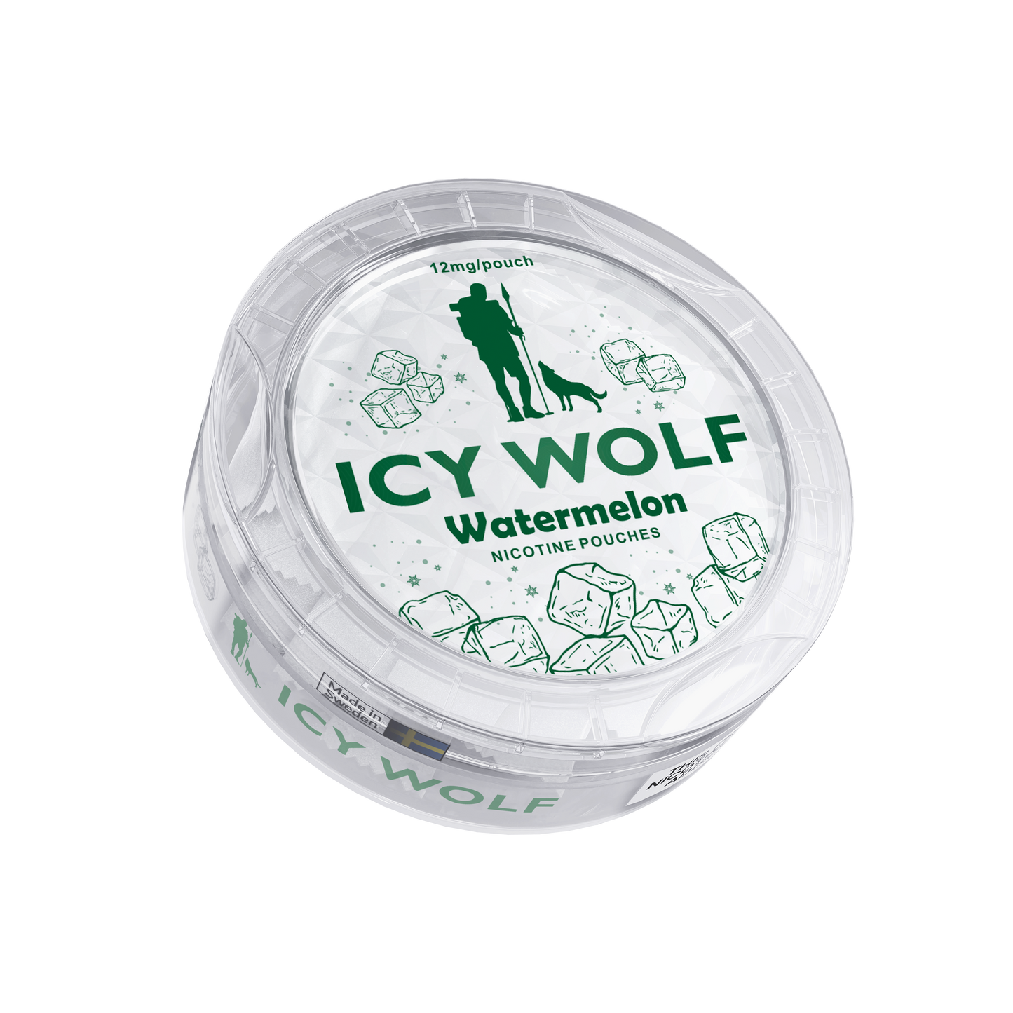 Detail close-up of the Icy Wolf watermelon pouch container with a transparent lid, showcasing green branding text.