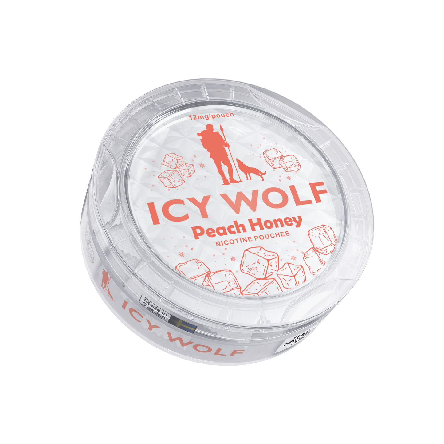 Detail close-up of the Icy Wolf Peach Honey pouch in a transparent container with decorative design, featuring red and whi…