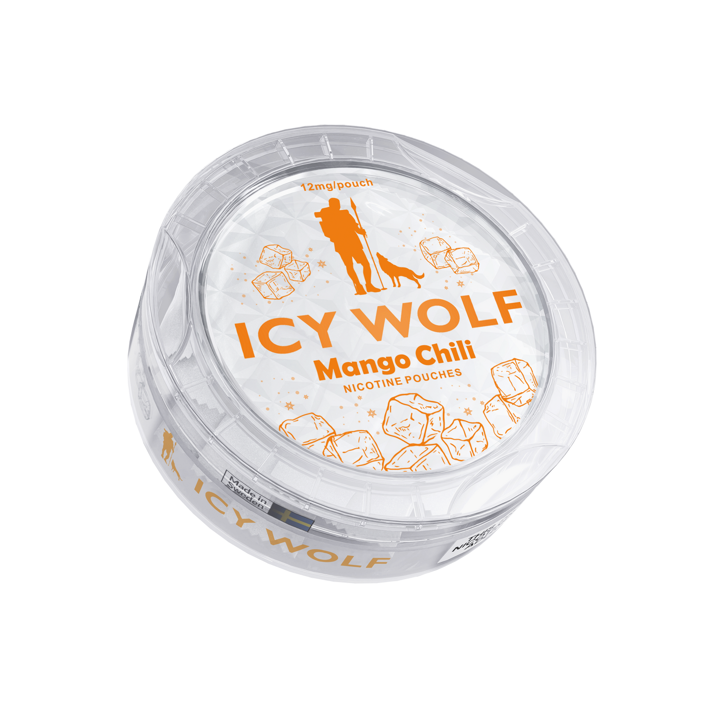 Detail close-up of the Icy Wolf Mango Chili pouch in a circular container featuring orange branding.