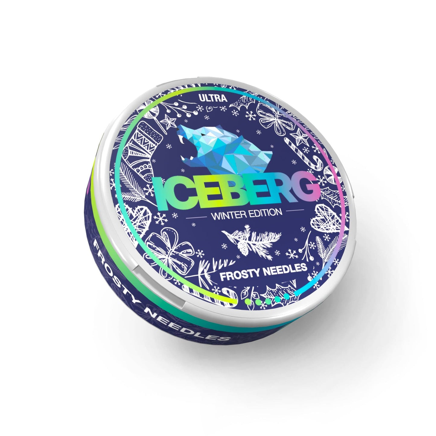 Detail close-up of a colorful circular tin container in blue, green, and white with a metallic finish.