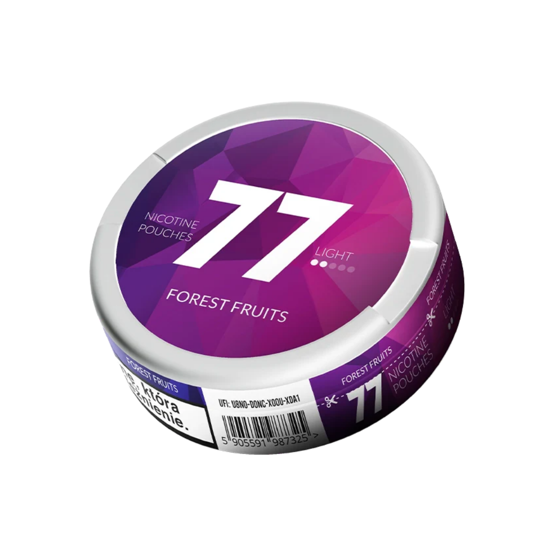 Detail close-up of the circular can featuring a geometric design in purple and white with the number 77.