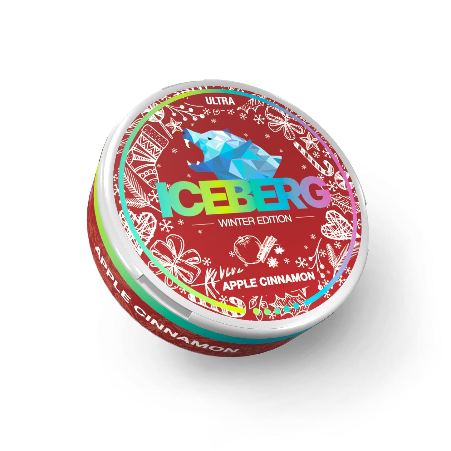Close-up of Iceberg Apple Cinnamon snus can highlighting flavor details.
