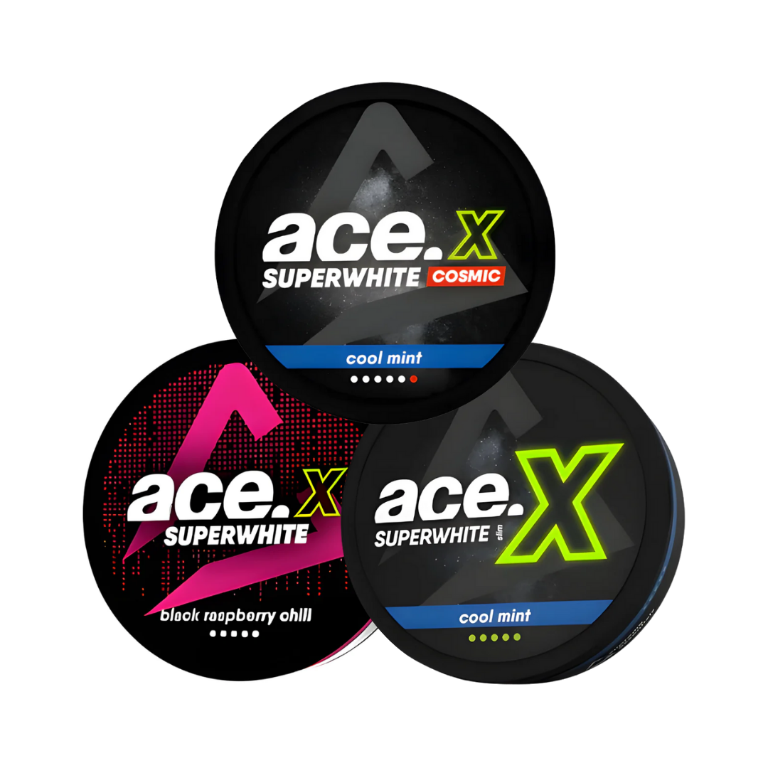 Front view of three circular containers in black, pink, and green showcasing various flavors from the Ace Exotic Mixpack.