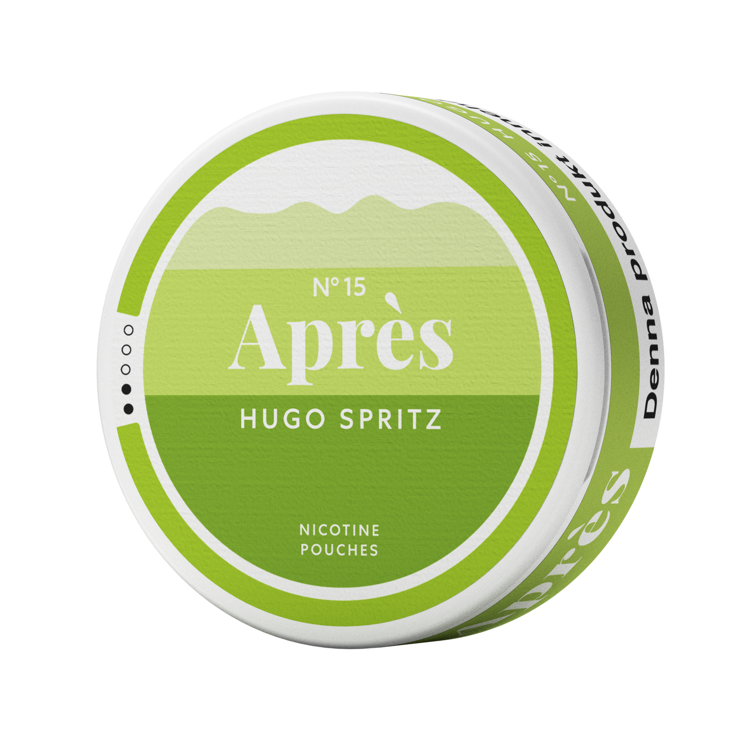 Front view of the circular container of Après Hugo Spritz featuring a mountain graphic and green and white label.