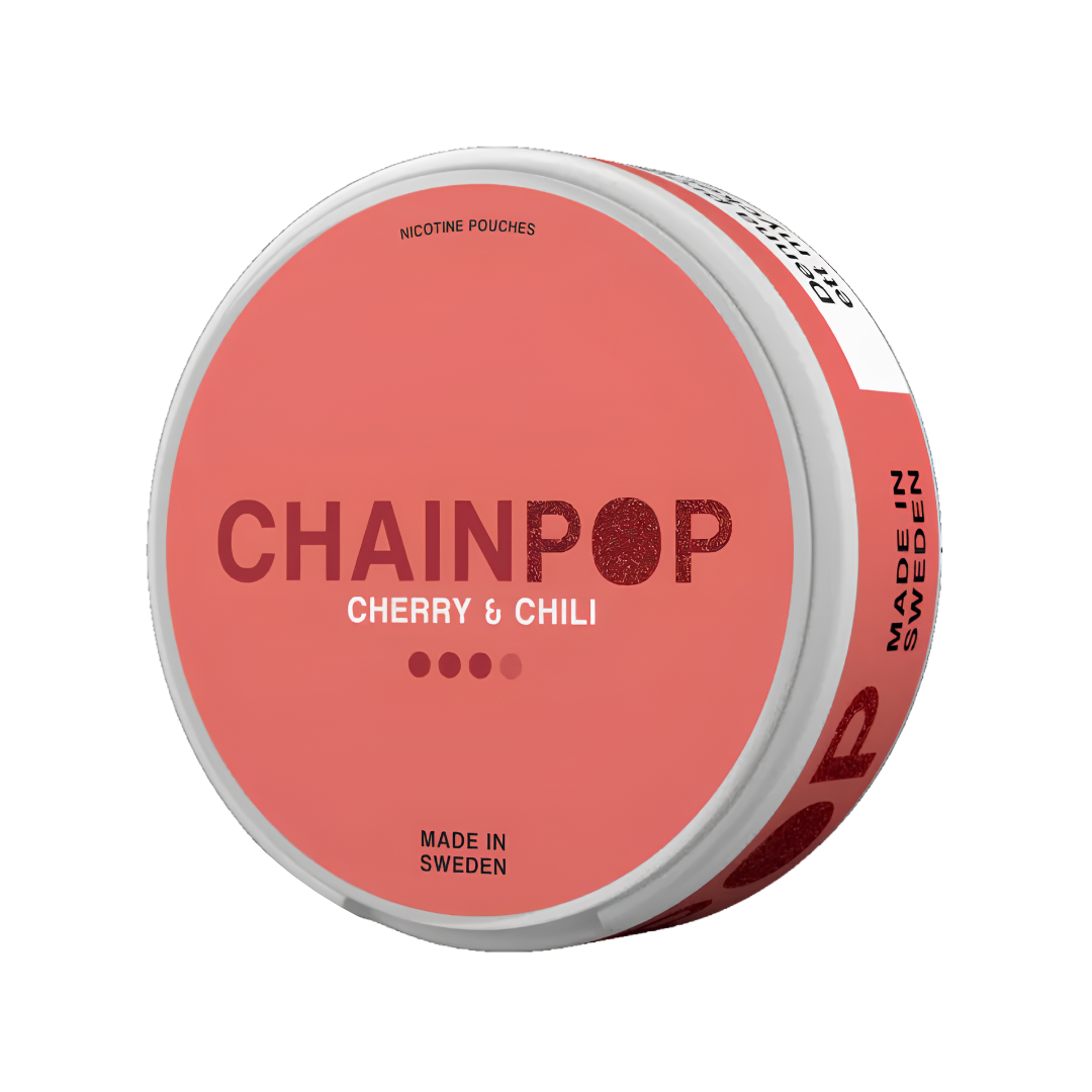Front view of the pink and white round Chainpop container featuring a screw top and label text.