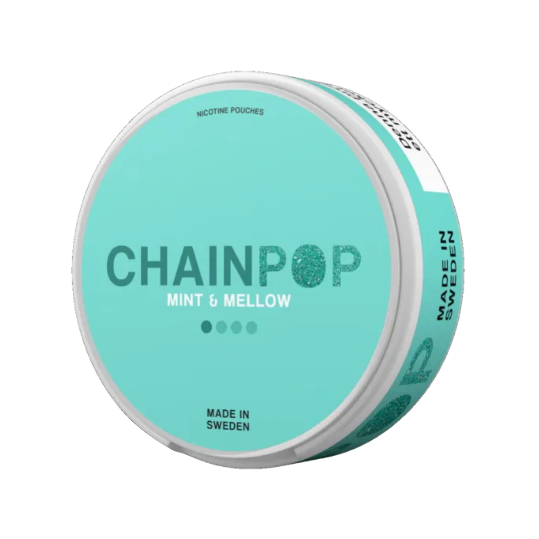 Detail close-up of the turquoise and white Chainpop container featuring its label design on a transparent background.