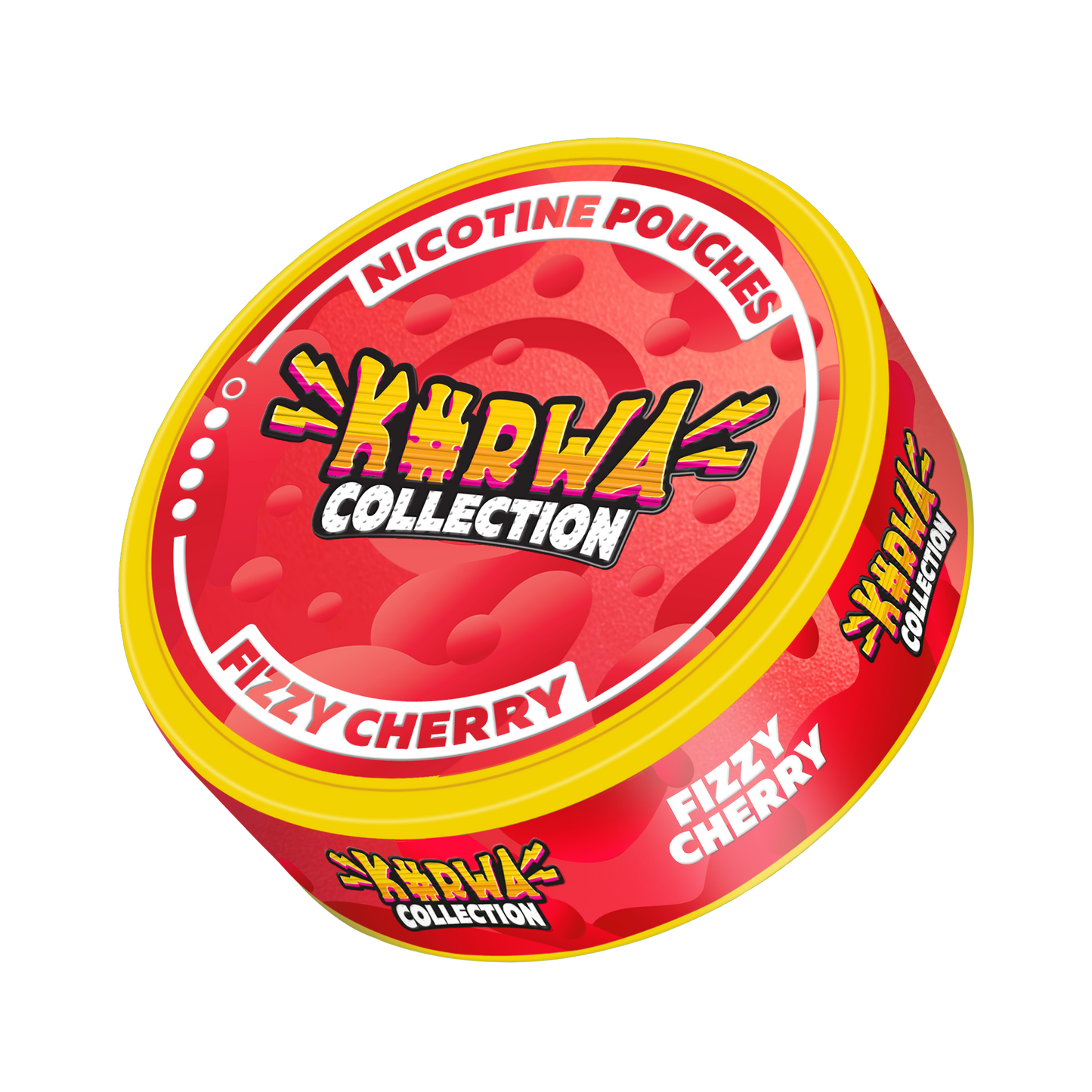 Front view of a round snus can featuring red and yellow graphic design with fizzy cherry flavor label.
