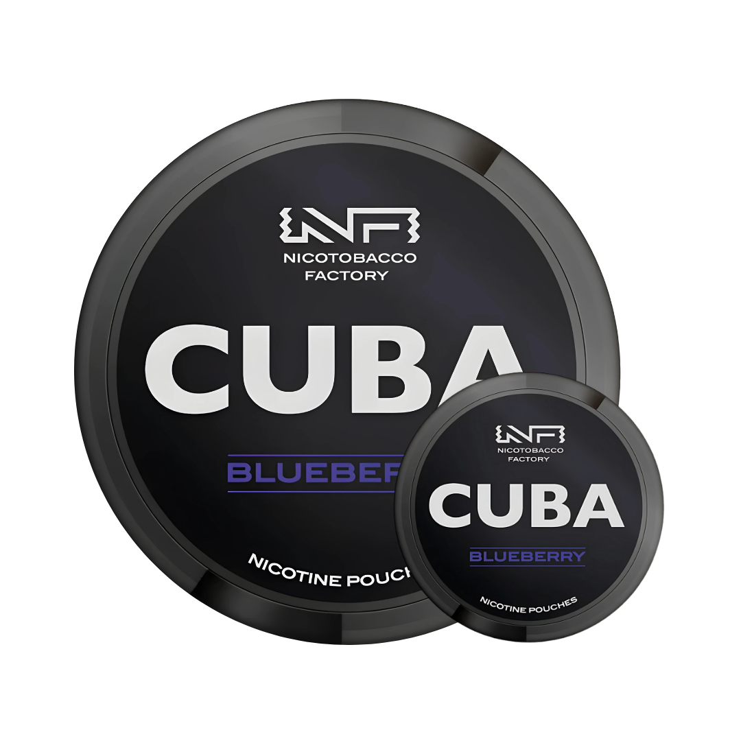 Detail close-up of CUBA Black Blueberry Mega Can showcasing black and white packaging with label text.