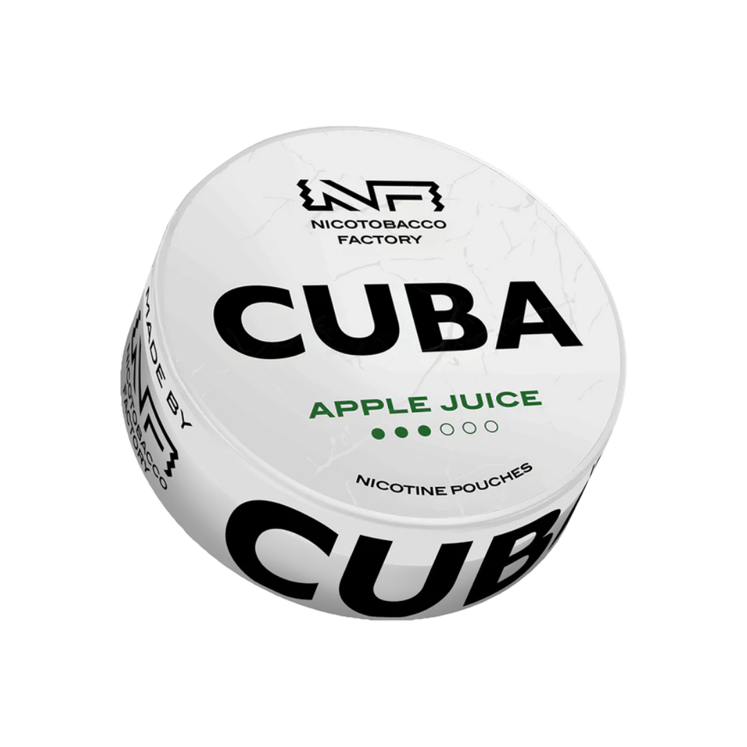 Detail close-up of Cuba White Apple Juice in a round container featuring bold text and a transparent background