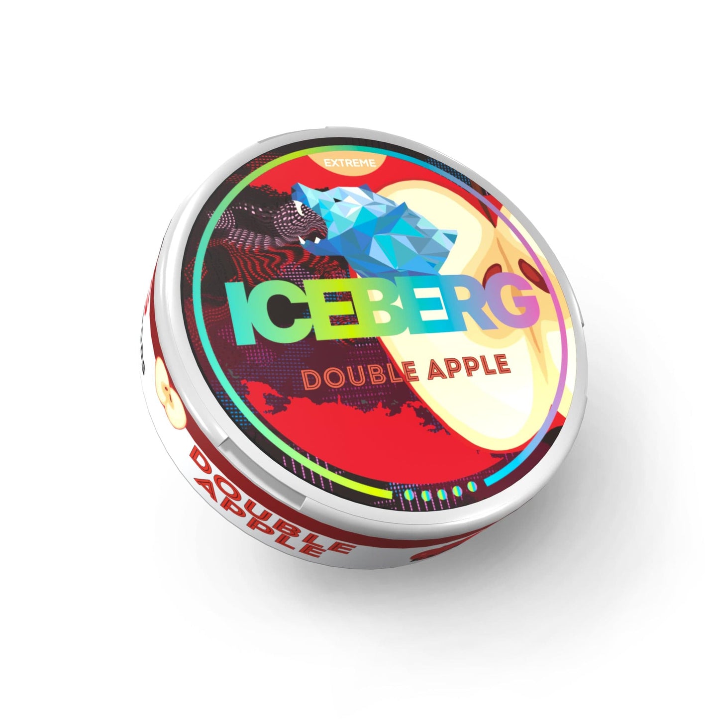 Detail close-up of a colorful circular tin featuring Iceberg Double Apple with red, yellow, and blue colors.