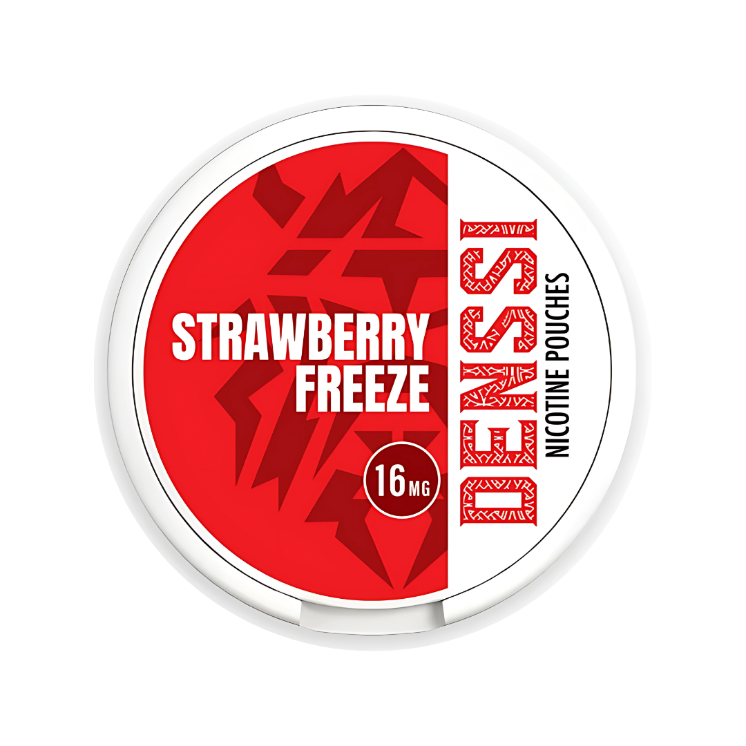 Packaging of Denssi Strawberry Freeze in a circular container with red and white colors, featuring label design and brand.