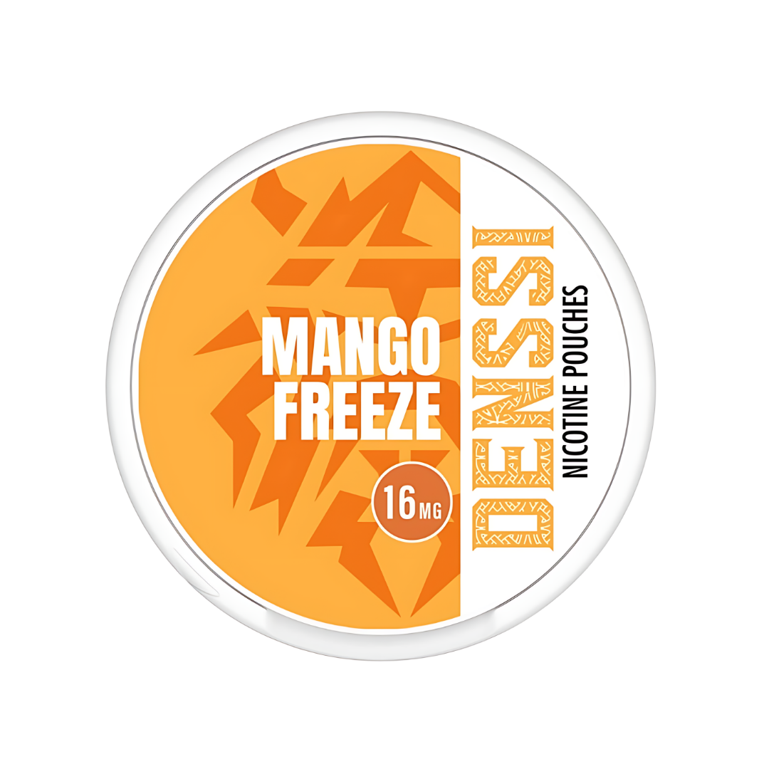 Detail close-up of Denssi Mango Freeze in a circular container showcasing bold text on a transparent background