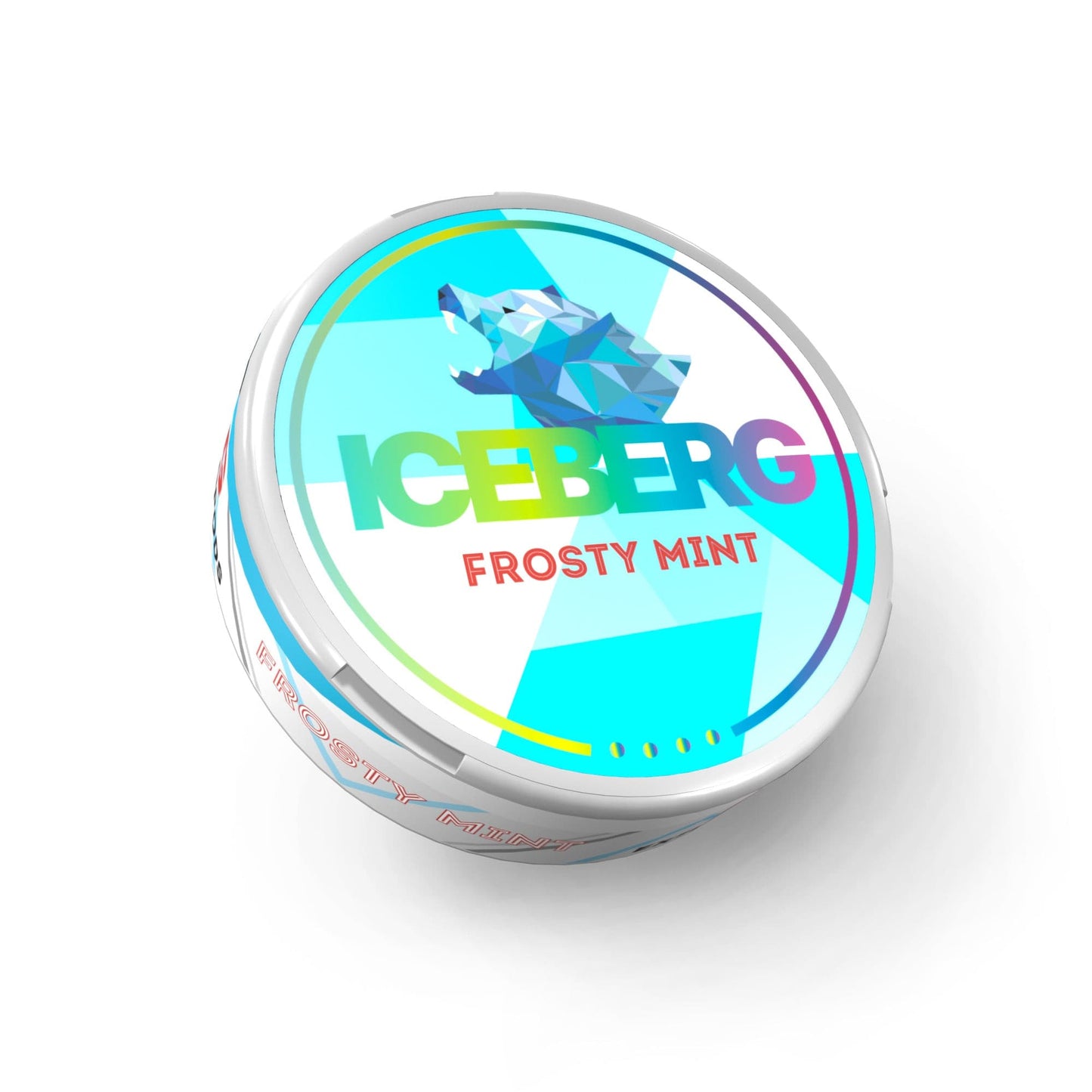 Detail close-up of the colorful mint container featuring a circular shape, blue and pink design, and label text on a white…