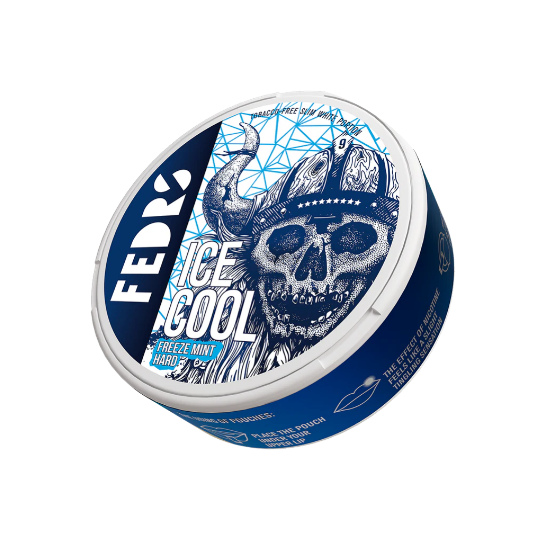 Detail close-up of the Fedrs Ice Cool Freeze Mint can featuring a blue and white skull design with a metallic finish.