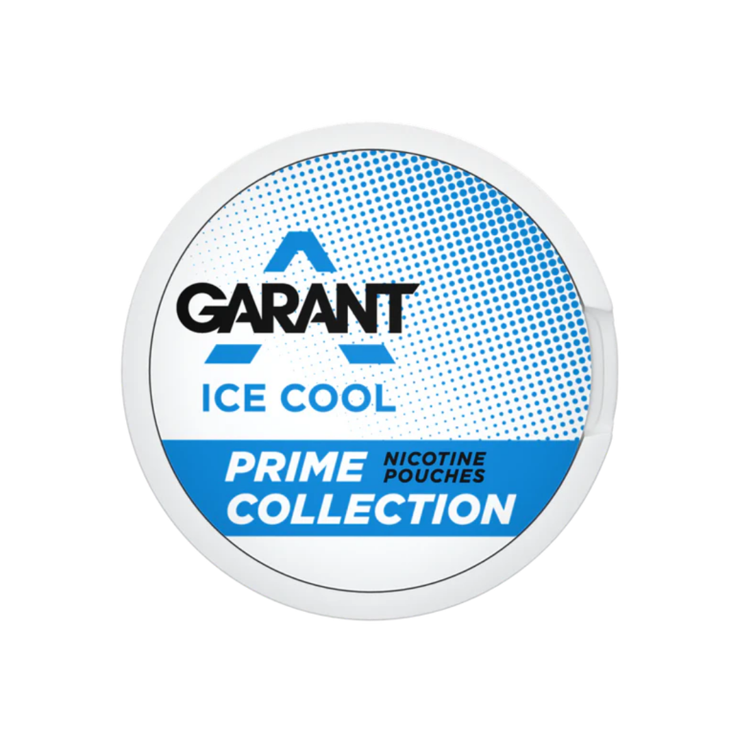 Detail close-up of the Garant Prime Collection Ice Cool pouch in a circular container, featuring blue and white colors and…