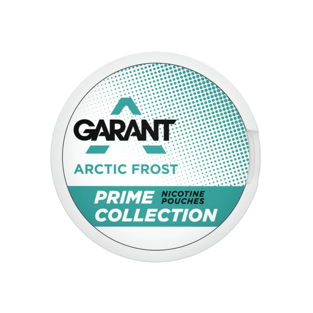 Detail close-up of the turquoise and white paint can featuring the Garant Prime Collection Arctic Frost logo.