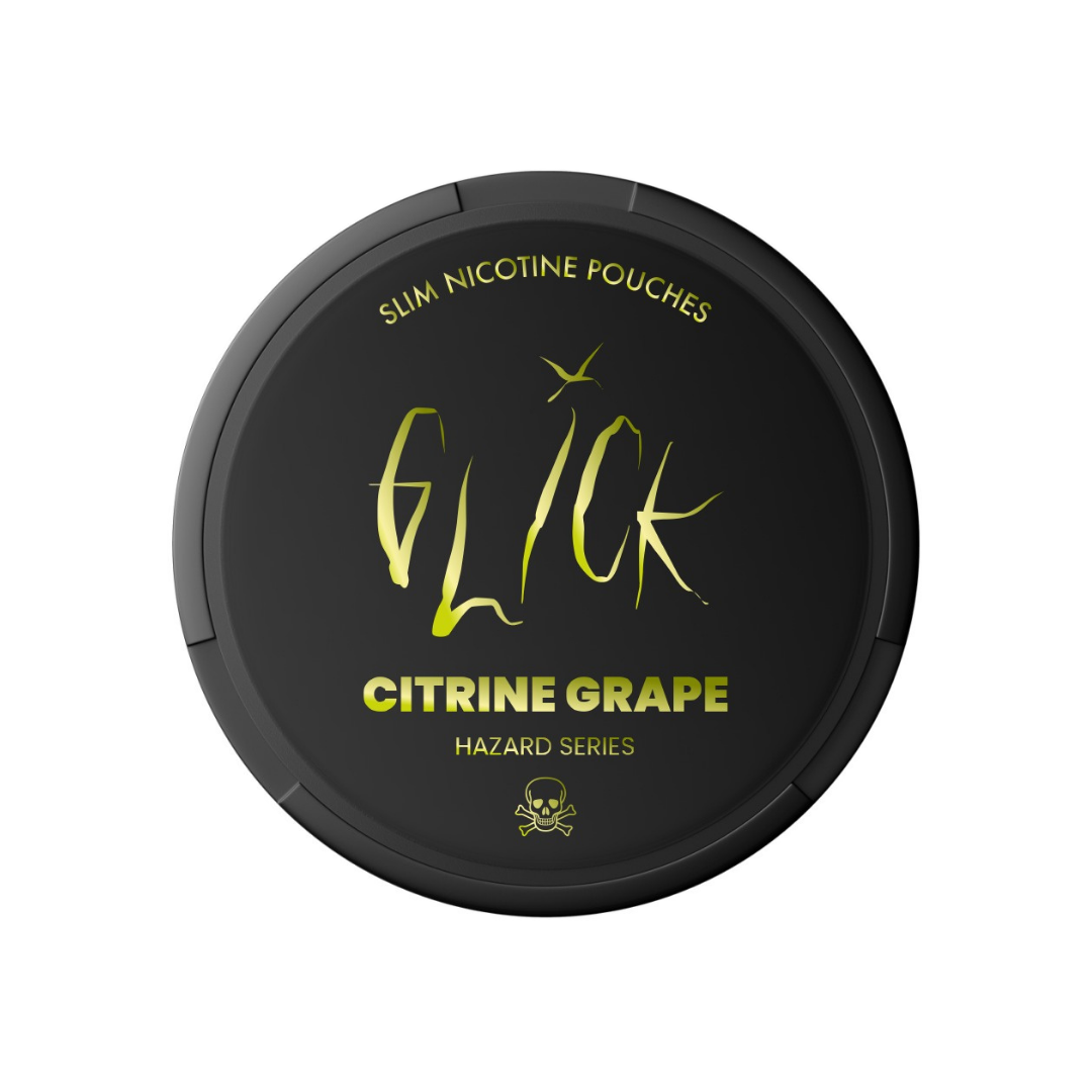 Detail close-up of Glick Citrine Grape pouches in a round container with gold lettering on a transparent background.