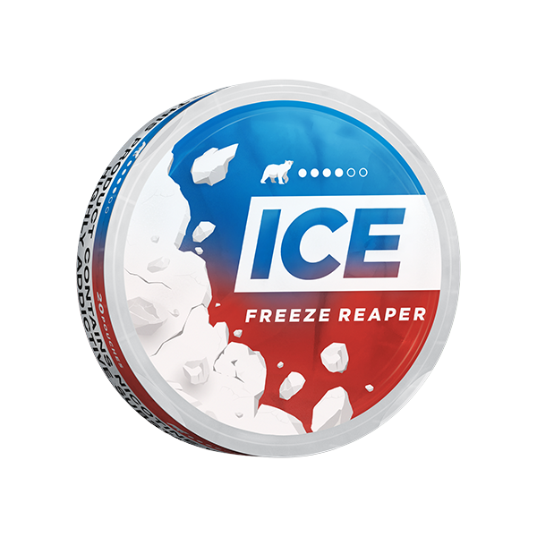 Perspective view of the Ice Freeze Reaper can showcasing frosted effect with blue, red, and white colors.