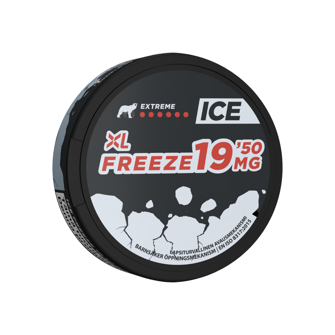 Detail close-up of the Ice Freeze XL pouch container showcasing bold text and ice branding on a transparent background.