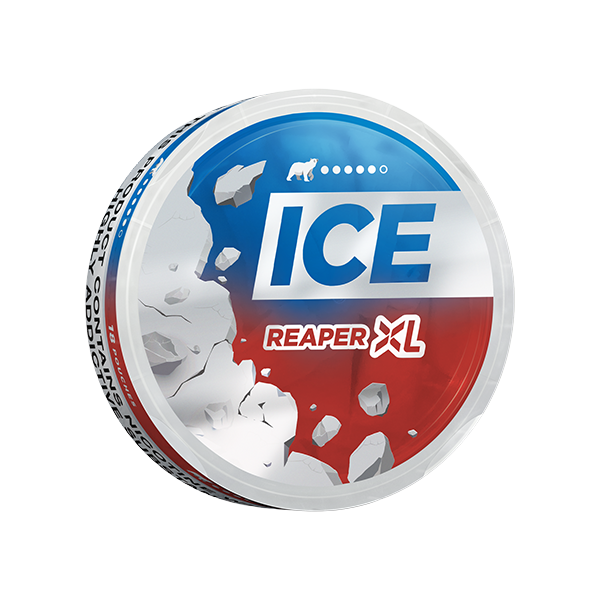 Perspective view of the Ice Reaper XL pouch showcasing blue, red, and white colors with a splash design.