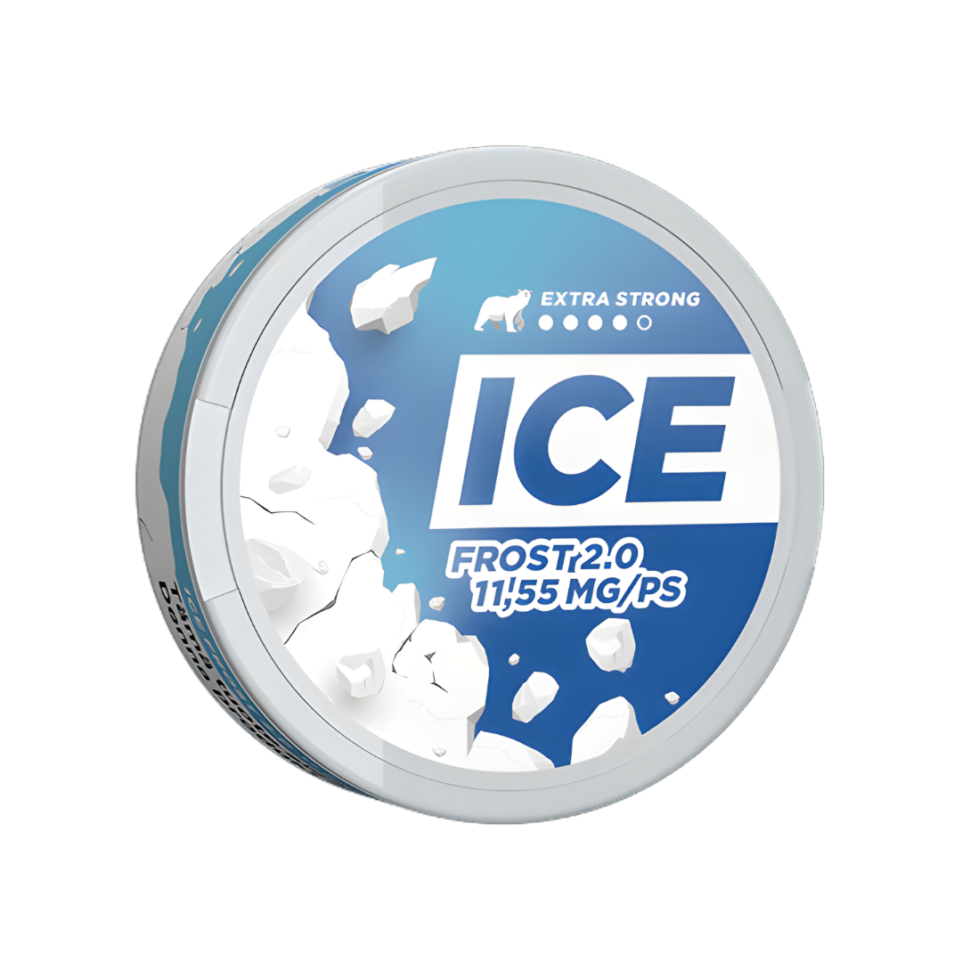 Packaging of Ice Frost 2.0 in a round blue and white container with a cooling effect label.