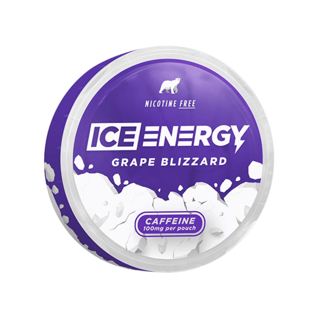 Packaging of Ice Caffeine Pouch Grape Blizzard showcasing grape flavor and energy boost with a circular container on a whi…