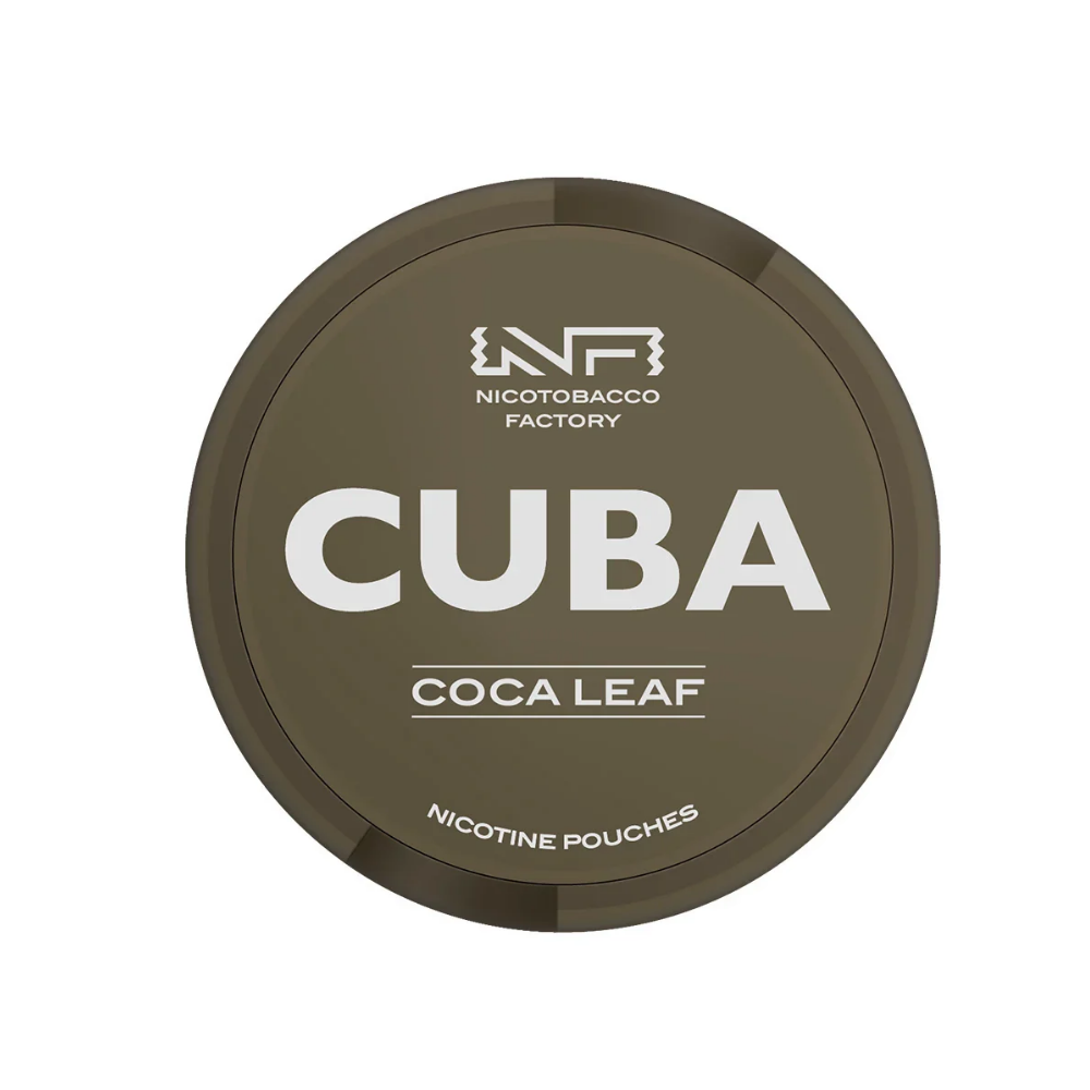 Detail close-up of Cuba Coca Leaf pouch showcasing a round label with bold text and brand logo in brown and white.