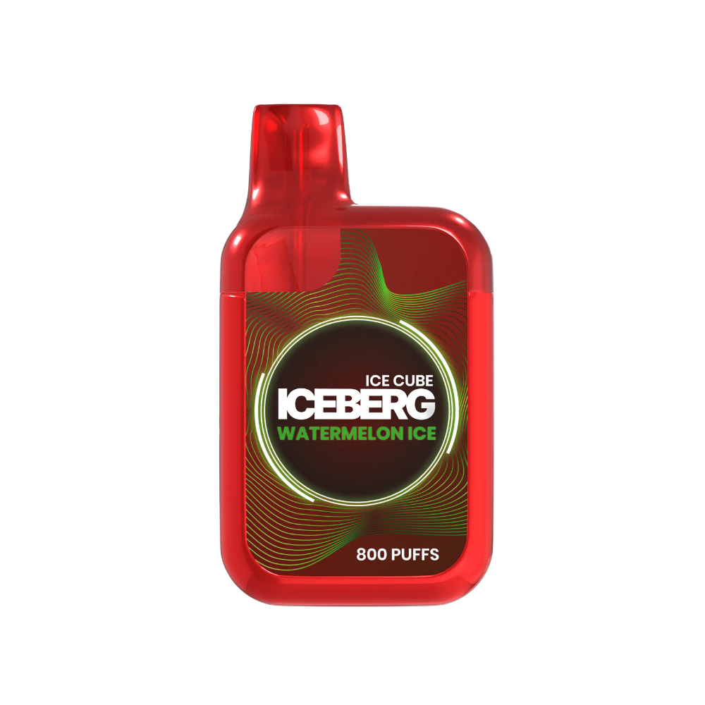 Front view of a squeeze bottle of Iceberg Watermelon Ice e-liquid featuring red and green colors with a label design.