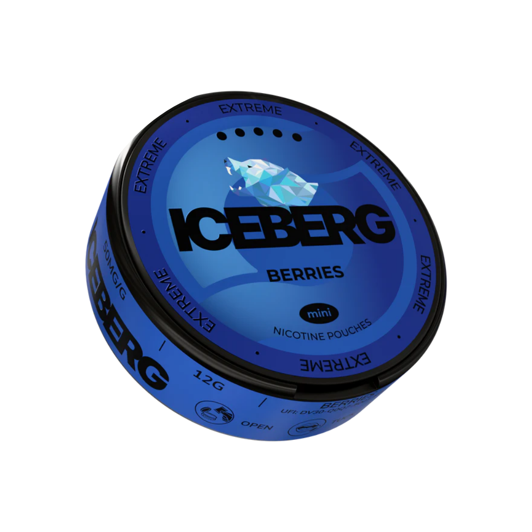 Front view of the Iceberg Berries Mini can featuring a round design, blue and black colors, and a fish logo.