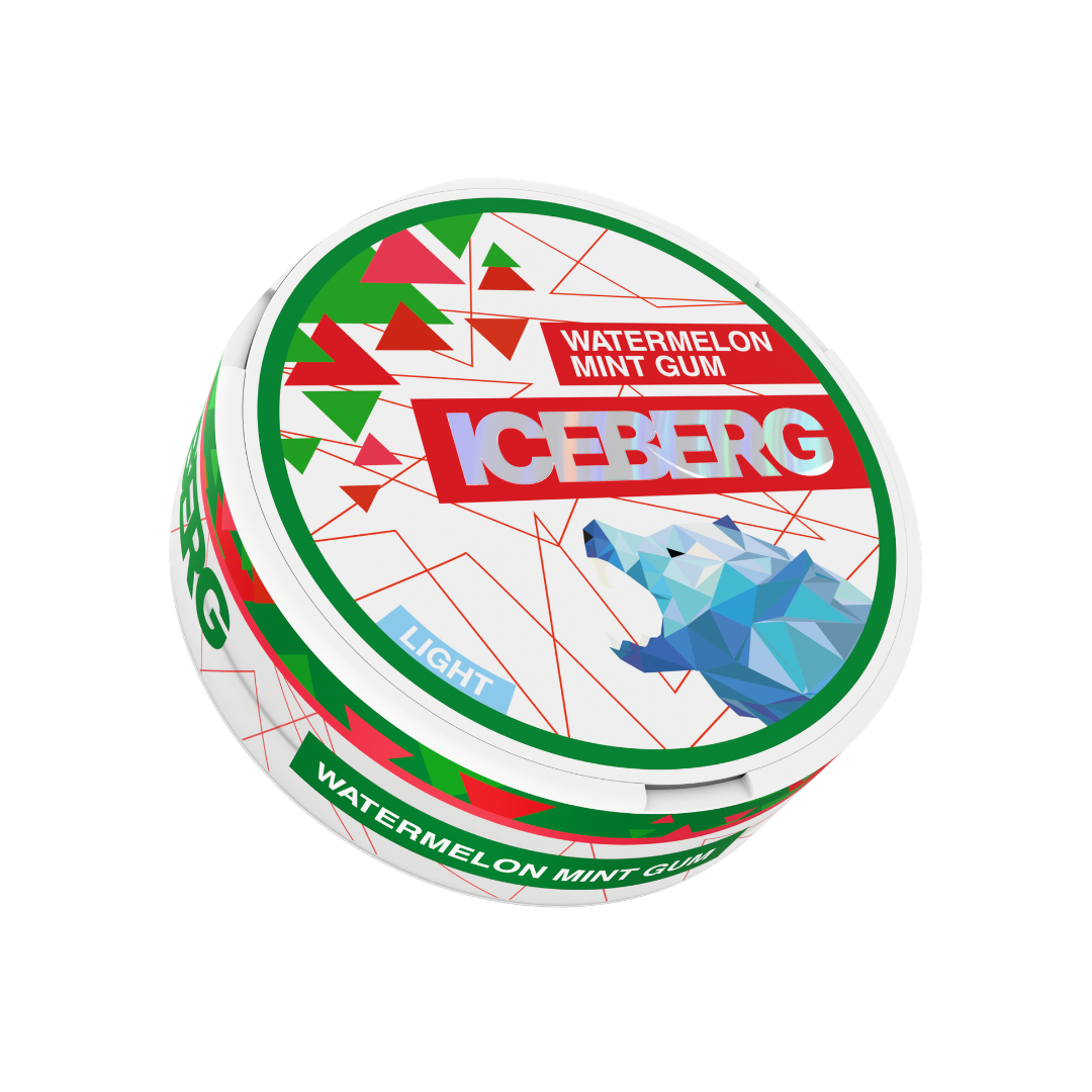 Packaging of Iceberg Watermelon Mint Gum tin featuring a polar bear graphic and triangular patterns in red, green, and white.