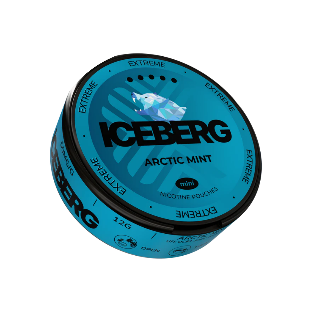 Front view of the Iceberg Arctic Mint Mini can featuring a blue and black circular tin with label design.