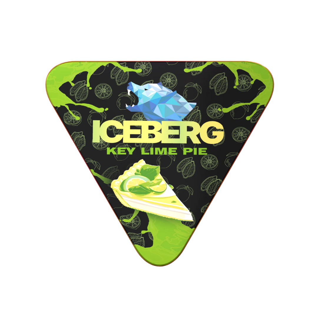 Triangular packaging of Iceberg Key Lime Pie in green, white, and black with graphic design and fish illustration.