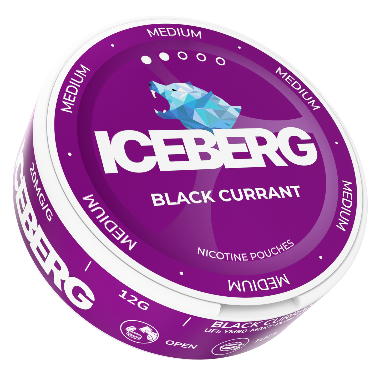 Front view of the Iceberg Black Currant snus can showcasing its bold purple and white design.