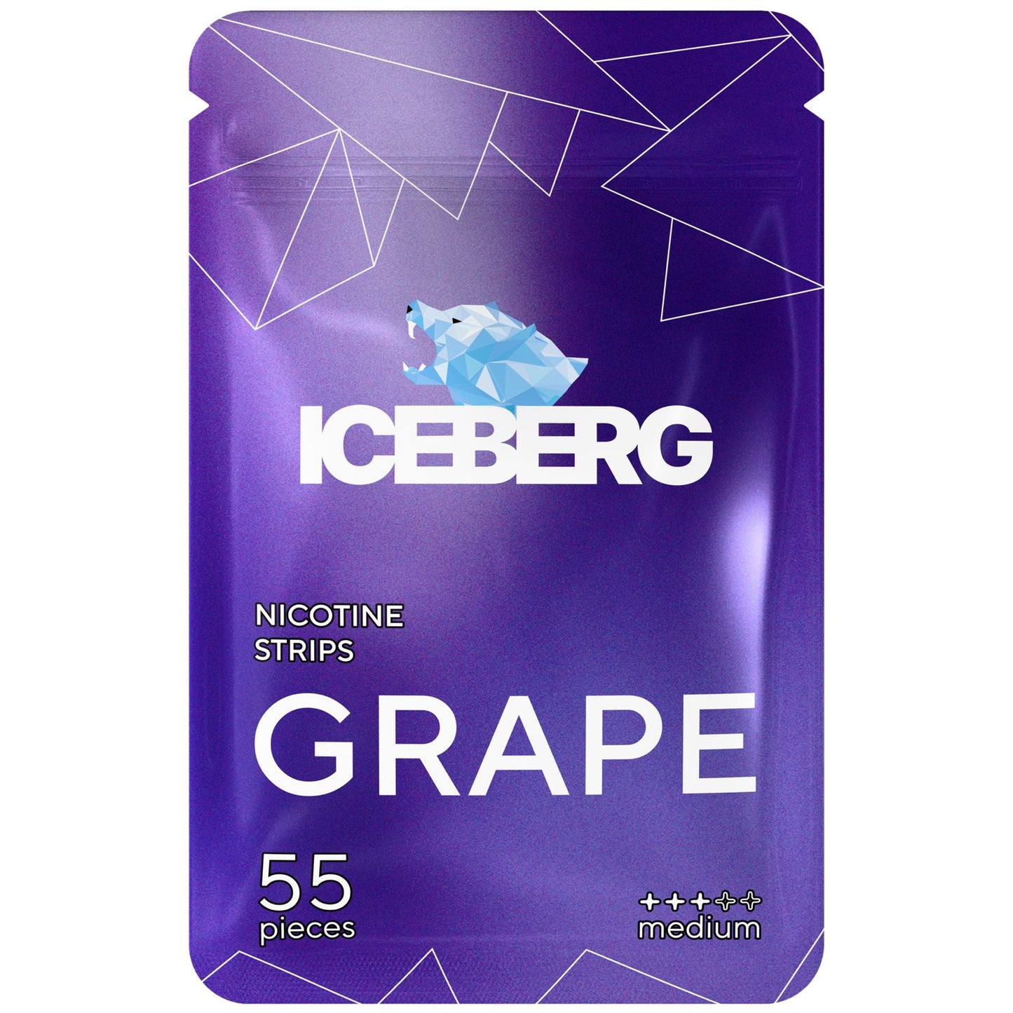 Packaging of Iceberg Grape Nicotine Strips in a resealable bag, featuring grape flavor and purple colors.
