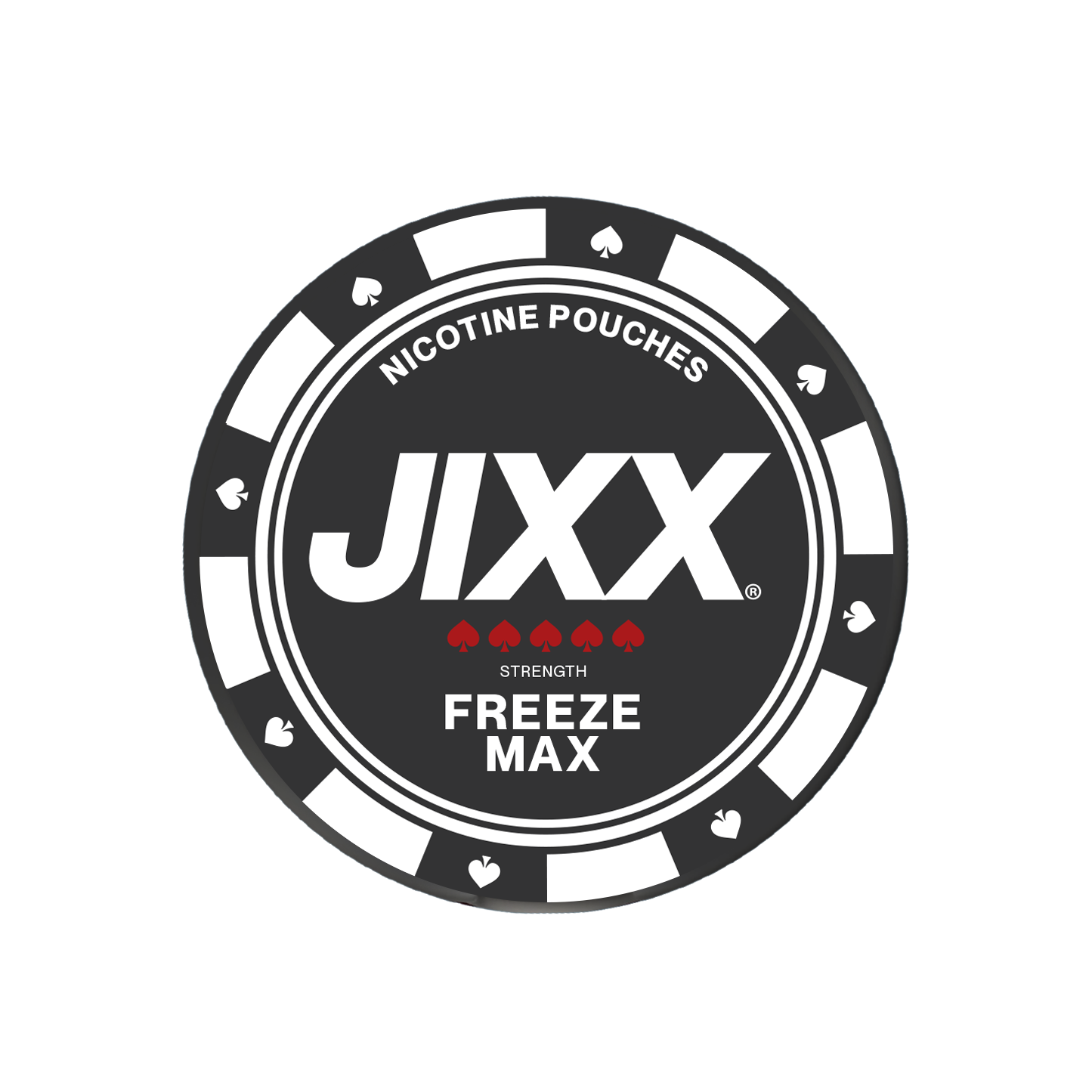 Close-up of a circular poker chip featuring a black, white, and red logo design on a transparent background.