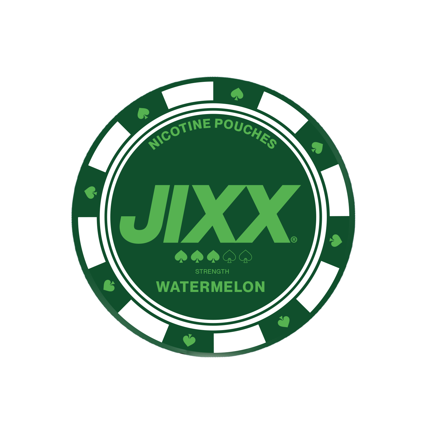 Detail close-up of a circular watermelon chip featuring text branding on a transparent background