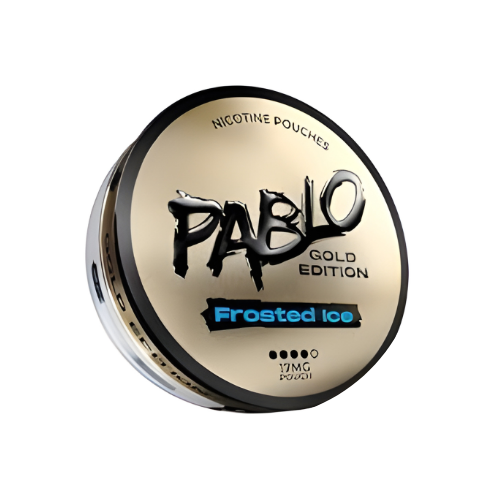 Detail close-up of the gold and black round container featuring the Pablo logo and screw top