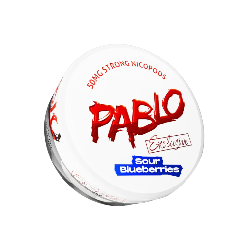 Detail close-up of the round Pablo product container featuring red and blue graphic text on a white background