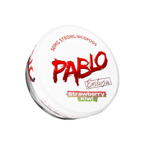 Front view of a round white and red Pablo product container featuring graphic text on a transparent background