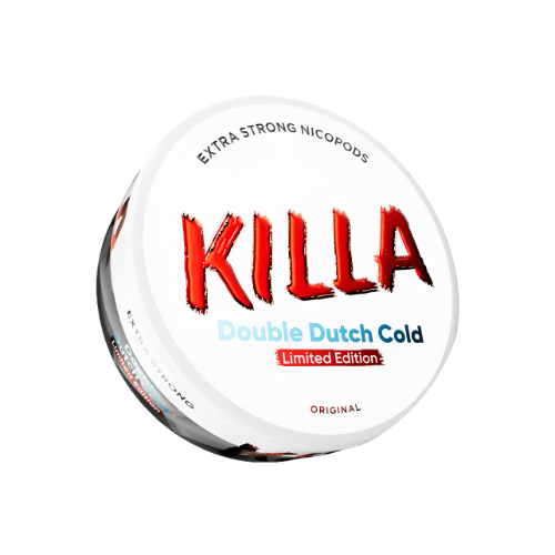 Front view of Killa Double Dutch Cold snus container featuring bold red text on a white background.