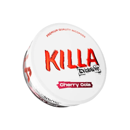 Detail close-up of Killa Exclusive Cherry Cola container with bold red and white logo and screw top.