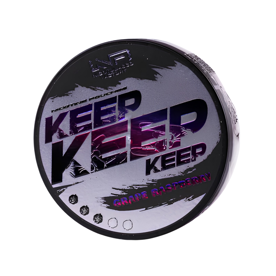 Detail close-up of a black circular container featuring purple and white text design for Keep Grape Raspberry.