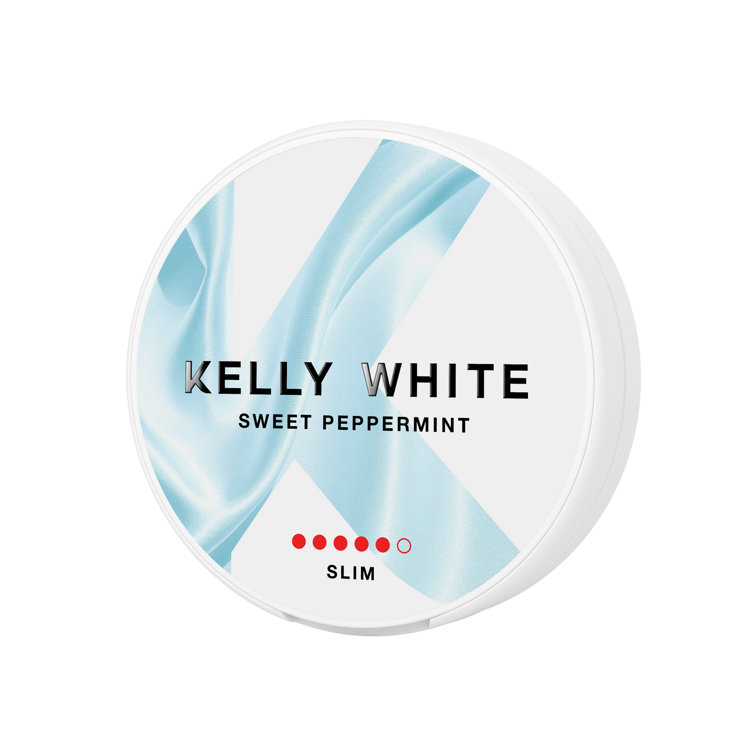 Front view of Kelly White Sweet Peppermint Extra Strong in a circular container with a blue label on a transparent background