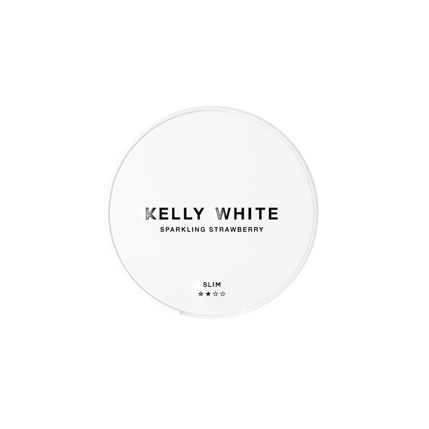 Front view of Kelly White Sparkling Strawberry in a round container with a label design on a transparent background.