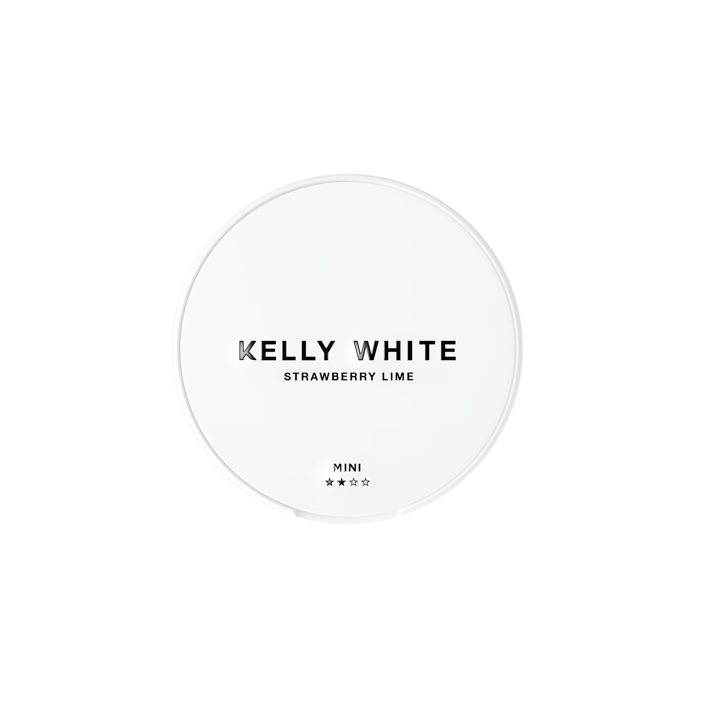 Front view of the label design on the round container of Kelly White Strawberry Lime, featuring a vibrant pink and white c…