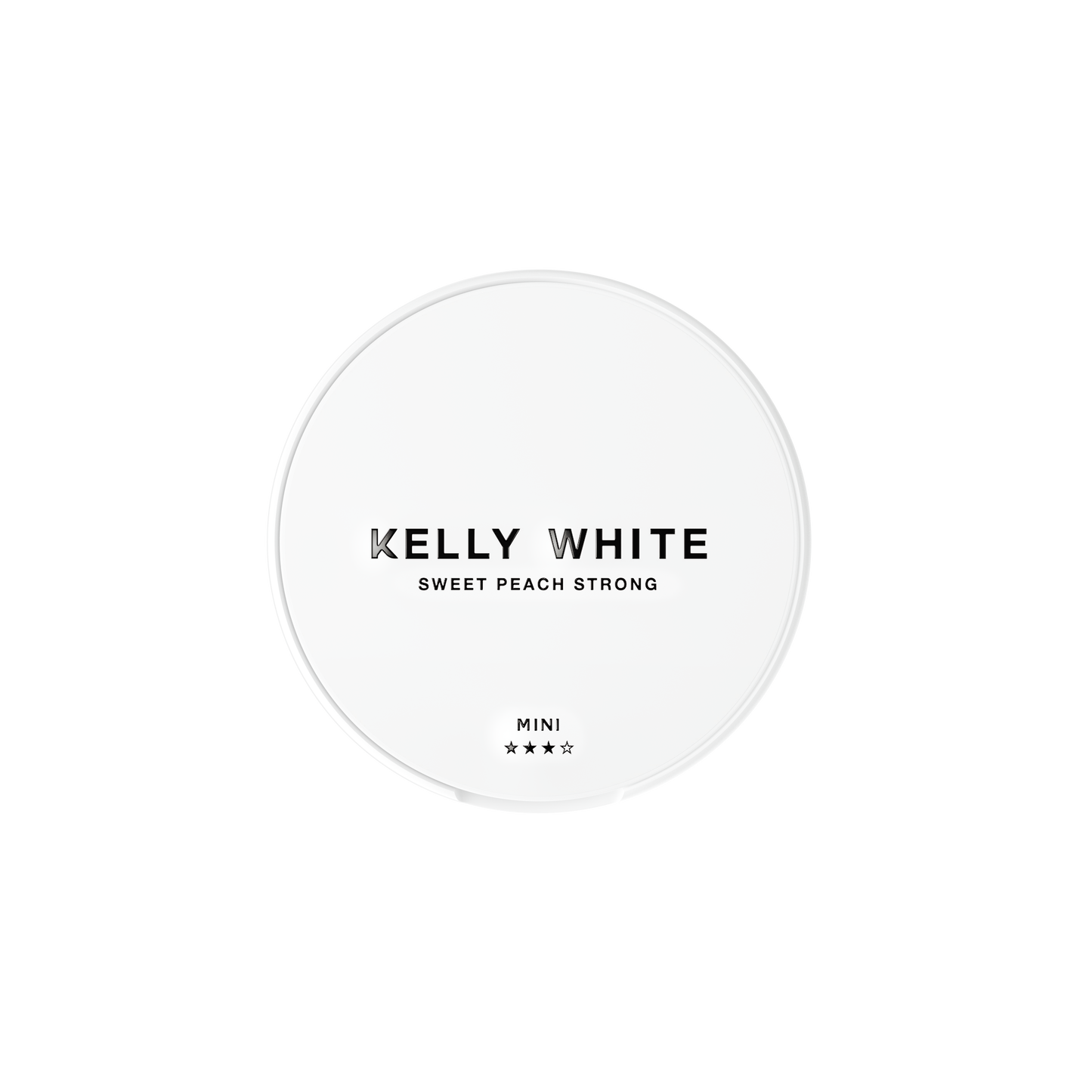 Front view of the Kelly White Sweet Peach Strong pouch featuring bold text and simple design in peach and white on a trans…