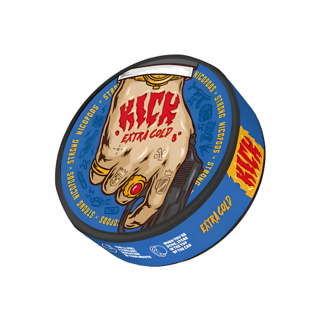 Front view of a circular tin can featuring a graphic design with blue, yellow, and red colors.