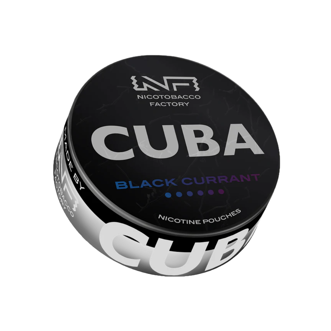 Front view of Cuba Blackcurrant nicotine pouches in a sleek black and silver round tin with label text.