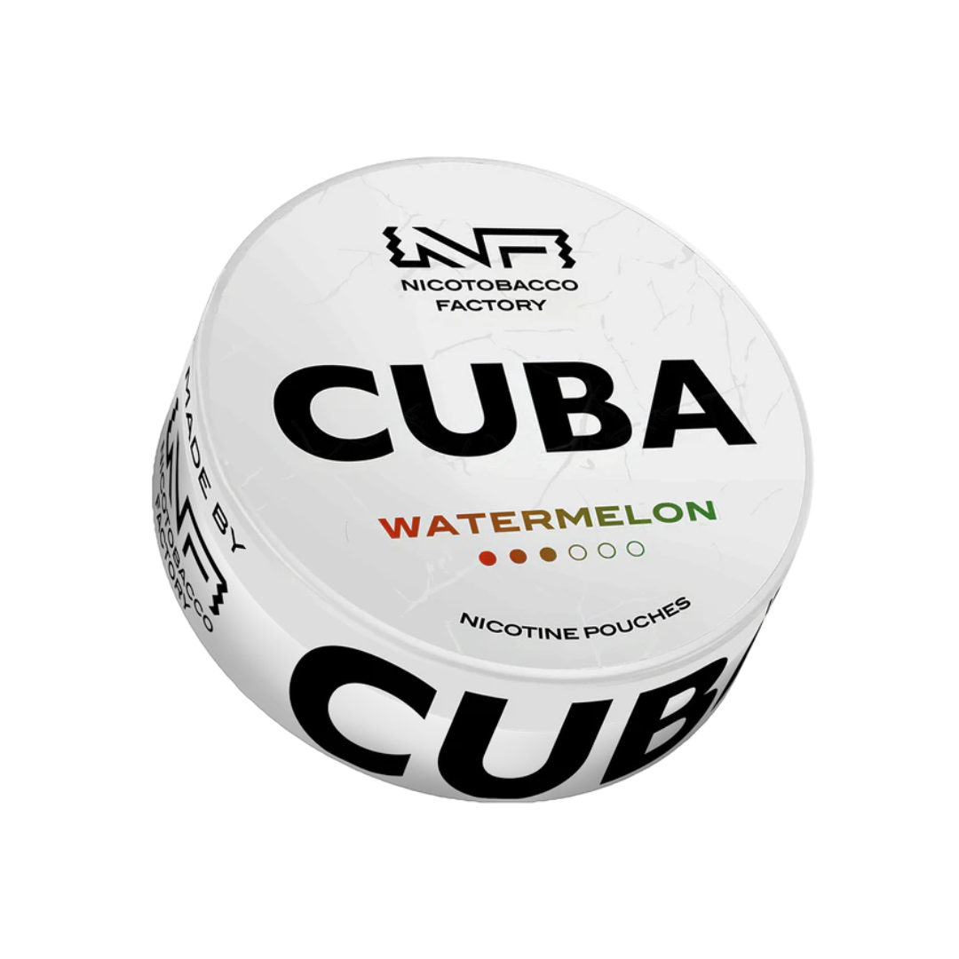 Detail close-up of a round container for Cuba White Watermelon nicotine pouches featuring bold text and watermelon flavor.