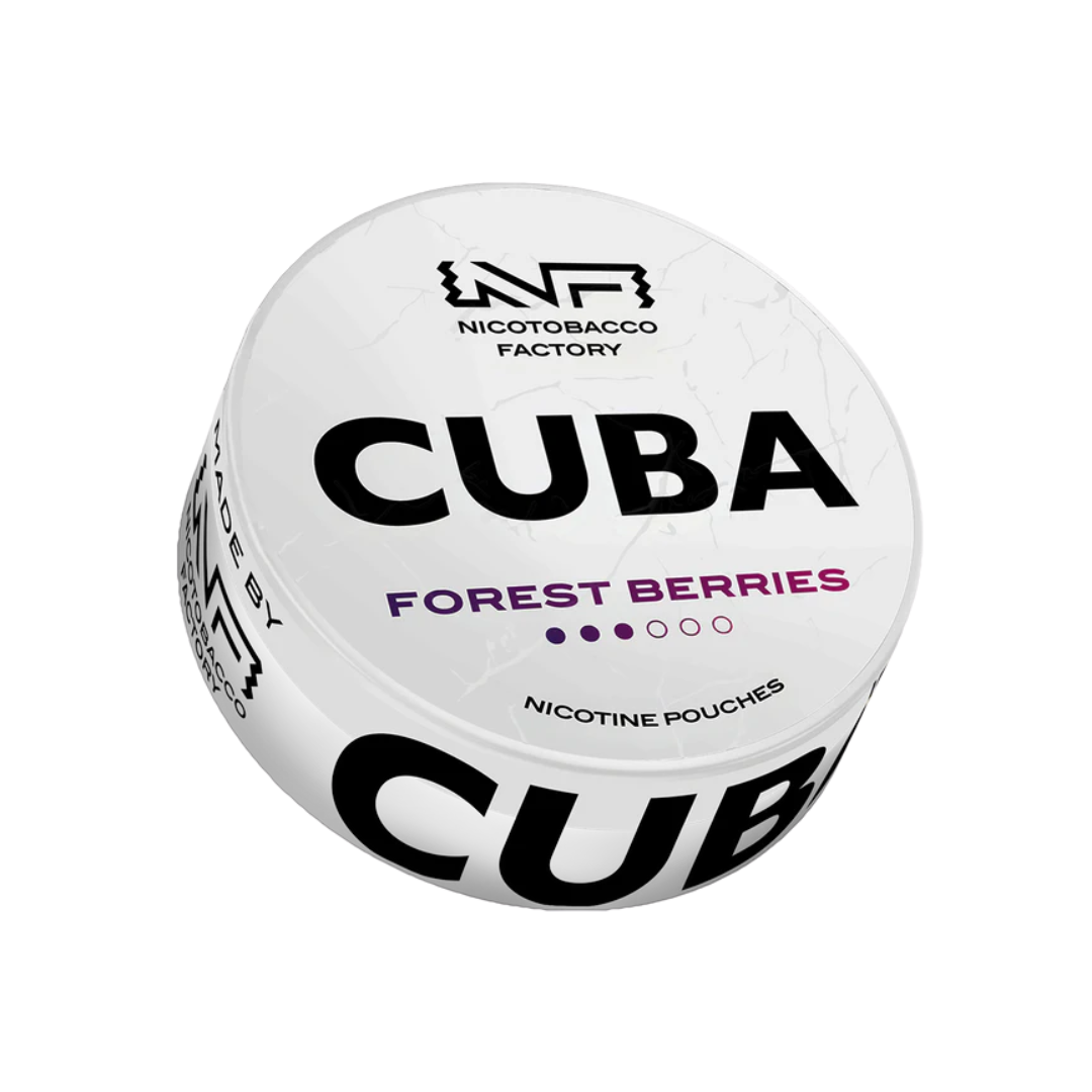 Detail close-up of Cuba White Forest Berries nicotine pouch in a round container with bold text, featuring white, black, a…